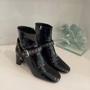 MIU MIU Eyelet Embellished Patent Leather Ankle Boots Black Size 37.5 7